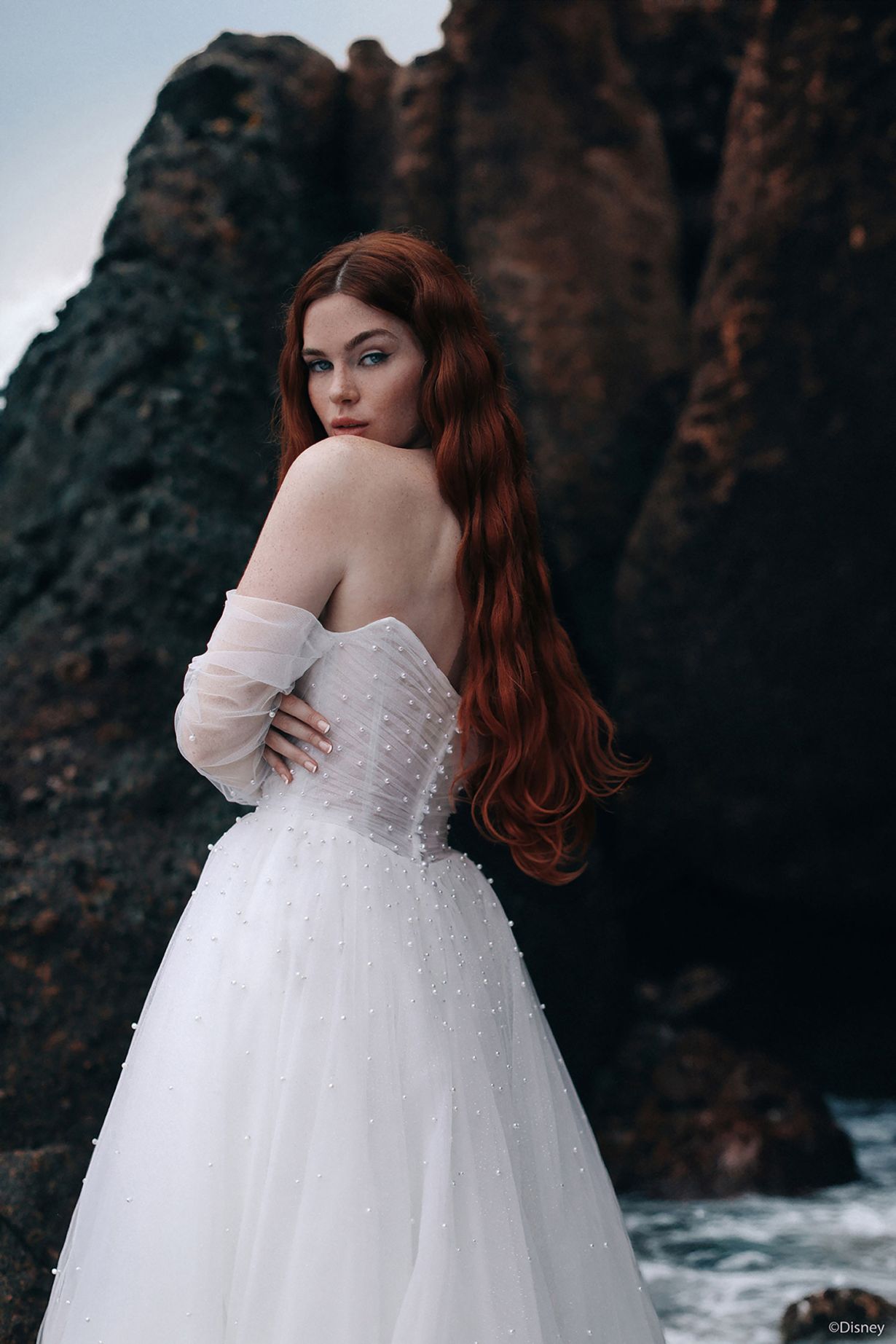 Ariel D440 Wedding dress model on rocks